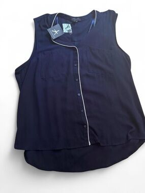 Atmosphere Navy Sleeveless Button-Front Blouse with White Piping